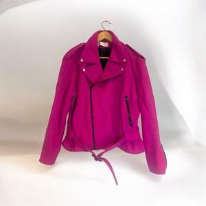 Fuchsia Leather Moto Jacket with Belted Hem